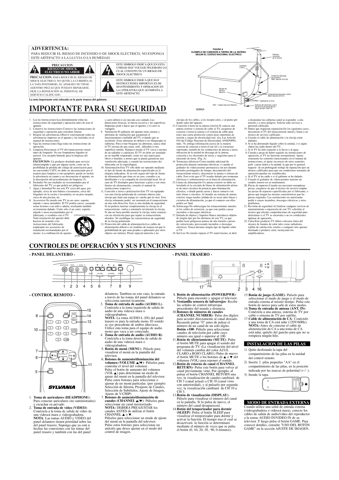 Sylvania SRT2223X owner manual Importante Para SU Seguridad, Instalacion DE LAS Pilas, Modo DE Entrada Externa 