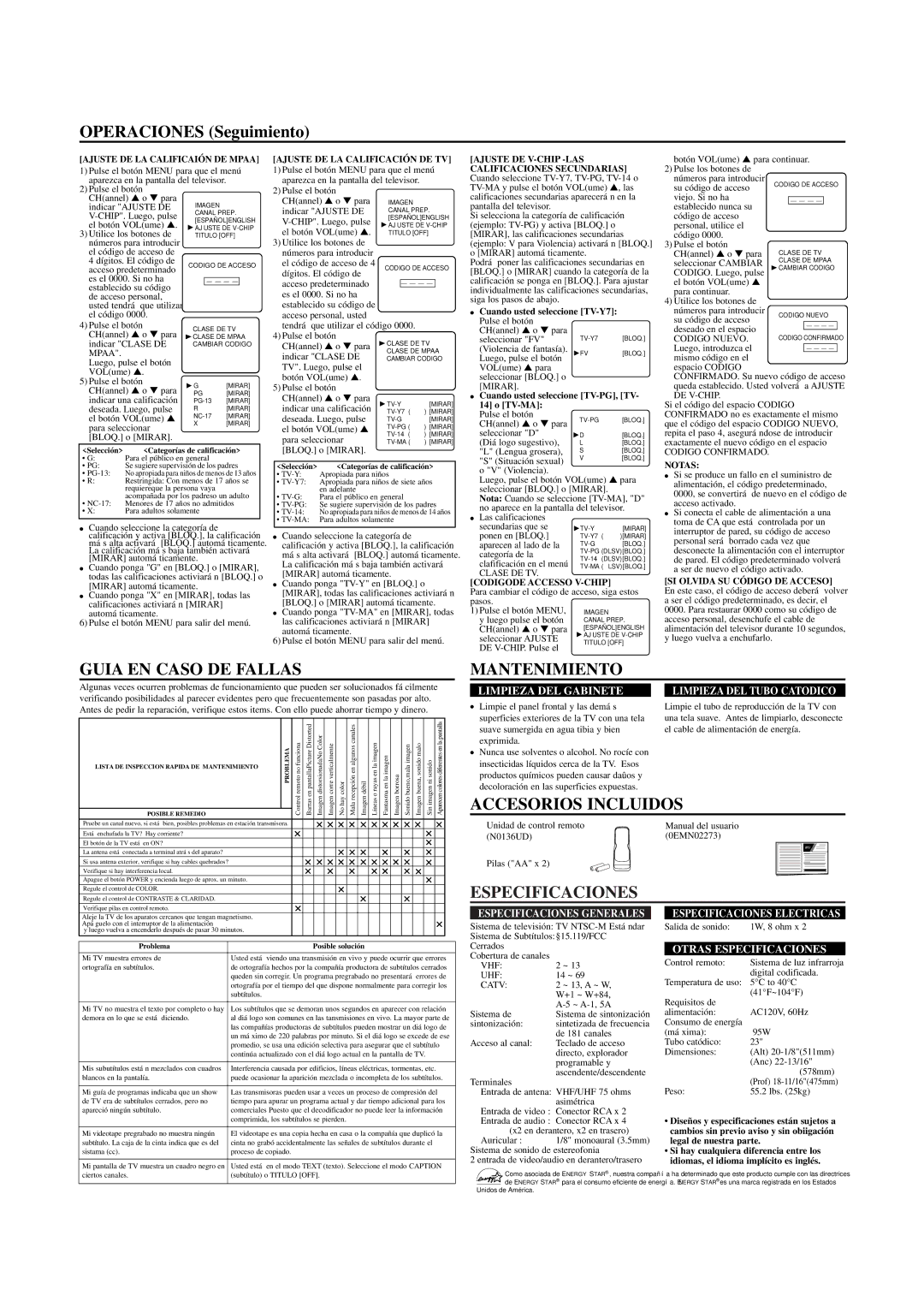 Sylvania SRT2223X owner manual Guia EN Caso DE Fallas, Mantenimiento, Accesorios Incluidos, Especificaciones 