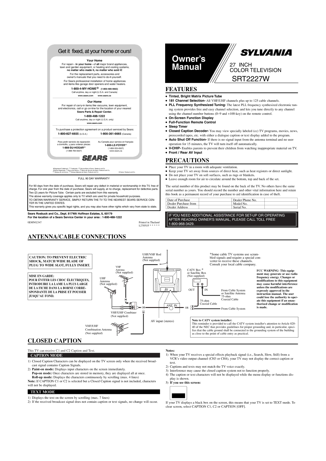 Sylvania SRT2227W owner manual Features, Precautions, ANTENNA/CABLE Connections, Closed Caption 