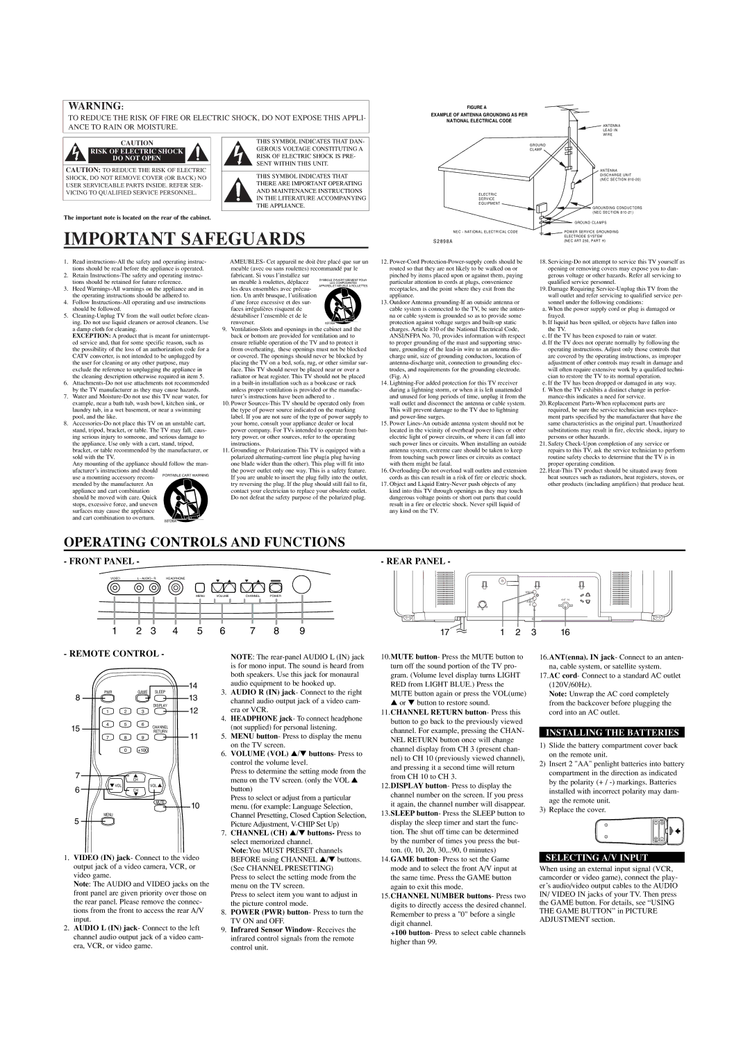 Sylvania SRT2227W Important Safeguards, Rear Panel, Remote Control, Installing the Batteries, Selecting A/V Input 