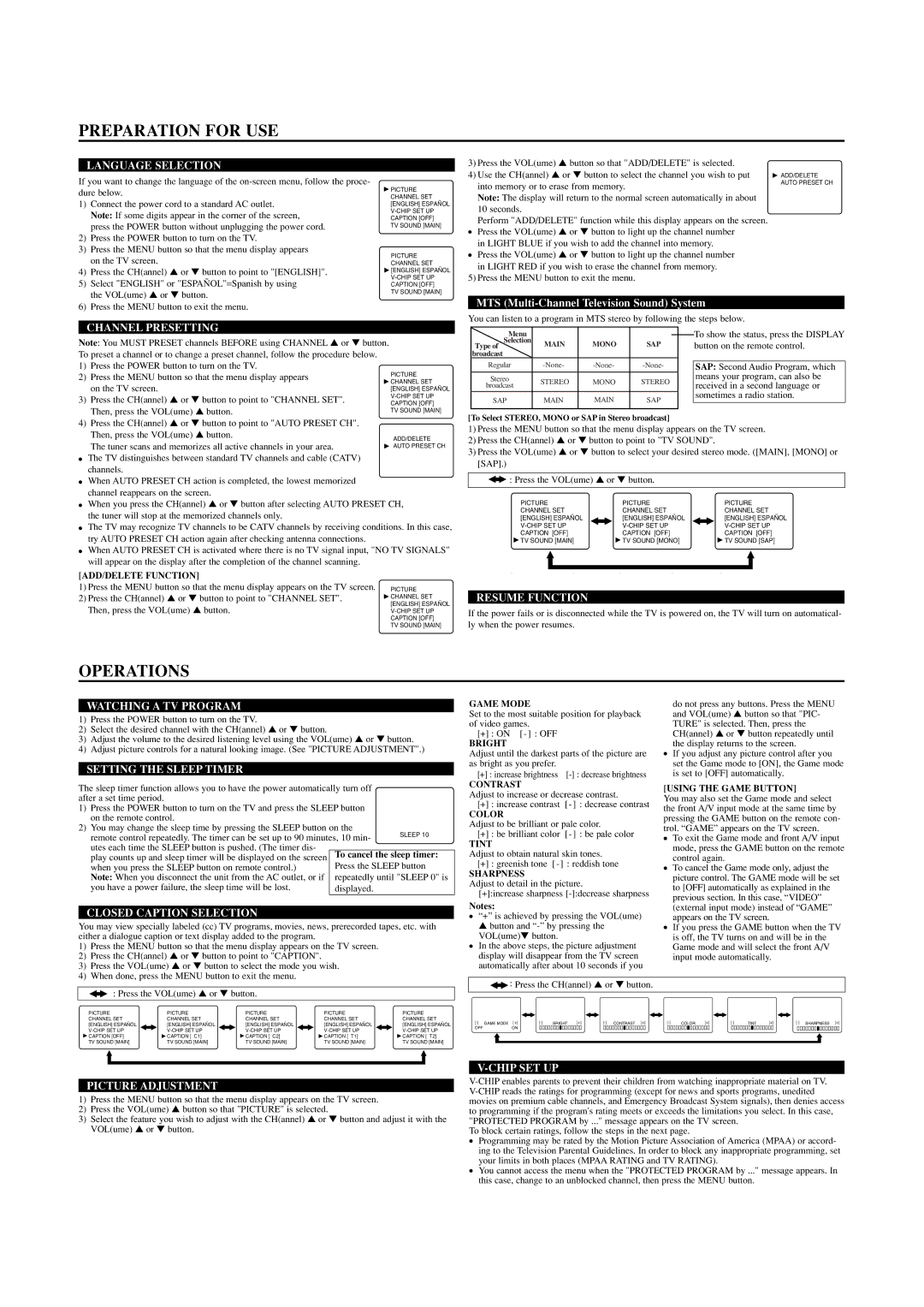 Sylvania SRT2227W owner manual Preparation for USE, Operations 