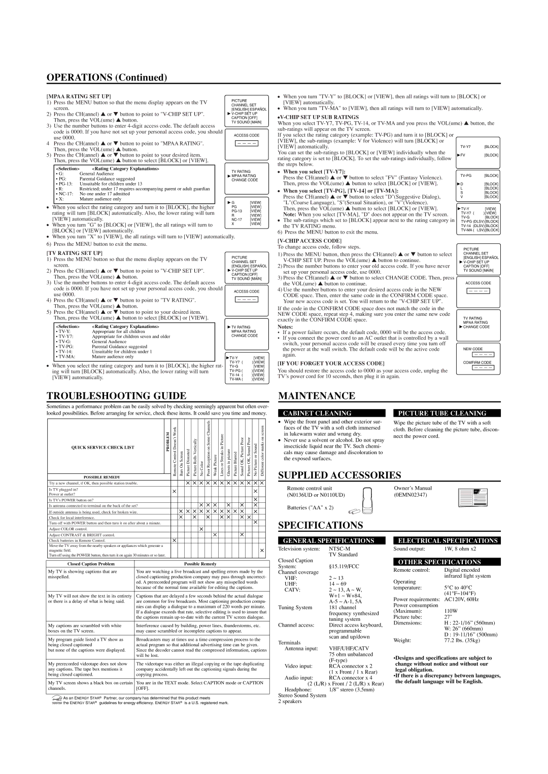 Sylvania SRT2227W owner manual Operations, Troubleshooting Guide, Maintenance, Supplied Accessories, Specifications 