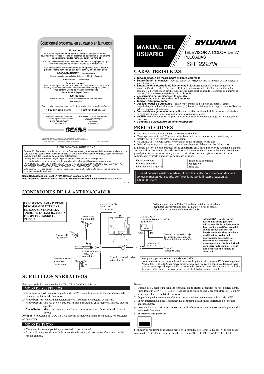 Sylvania SRT2227W owner manual Características, Precauciones, Conexiones DE LA ANTENA/CABLE, Subtitulos Narrativos 