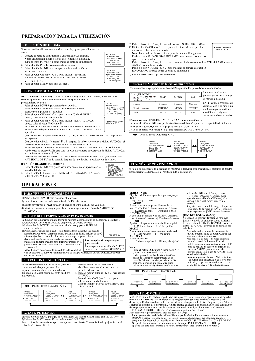 Sylvania SRT2227W owner manual Preparación Para LA Utilización, Operaciones 