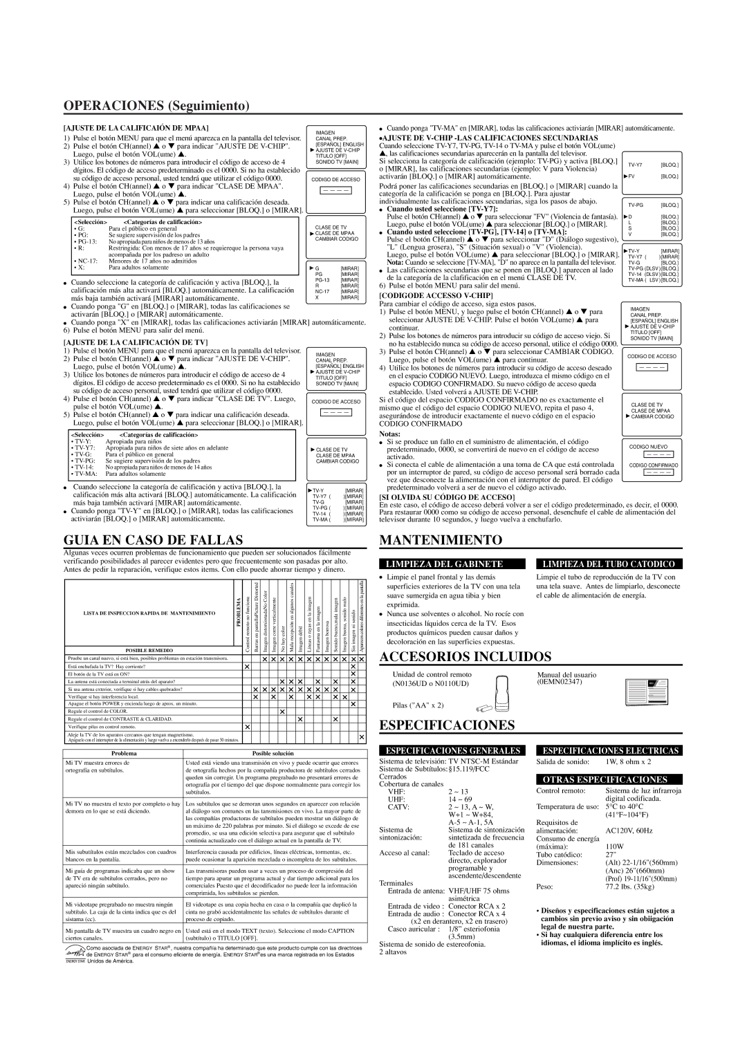 Sylvania SRT2227W Operaciones Seguimiento, Guia EN Caso DE Fallas, Mantenimiento, Accesorios Incluidos, Especificaciones 