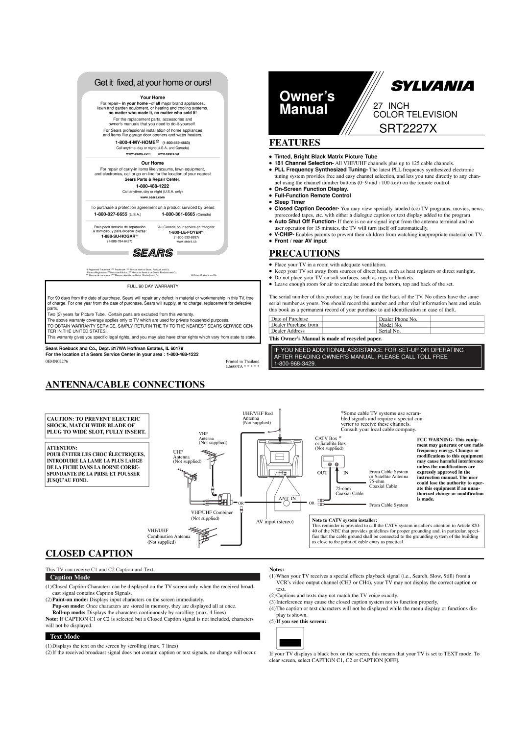 Sylvania SRT2227X owner manual Features, Precautions, ANTENNA/CABLE Connections, Closed Caption 