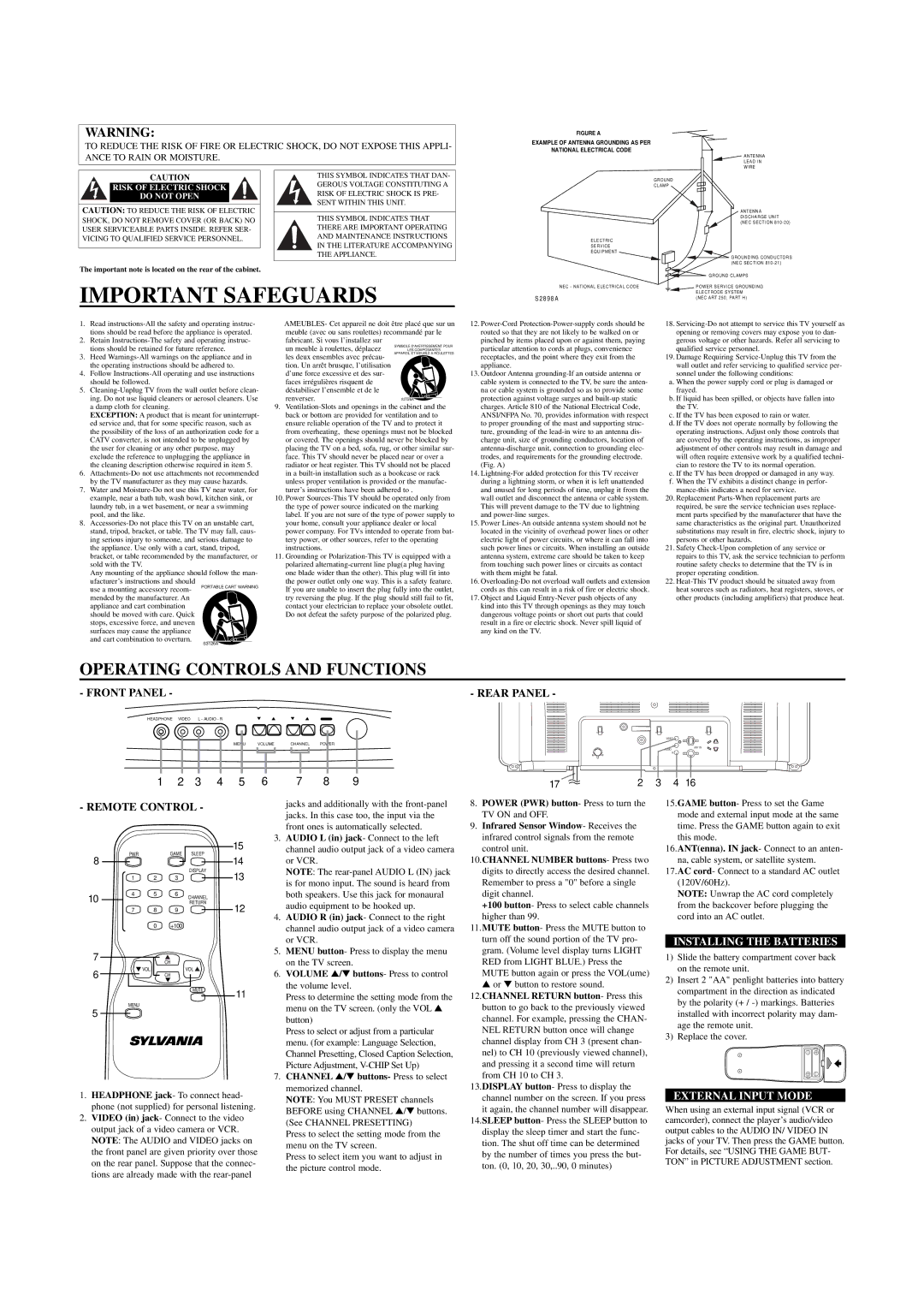 Sylvania SRT2227X owner manual Operating Controls and Functions, Installing the Batteries, External Input Mode 