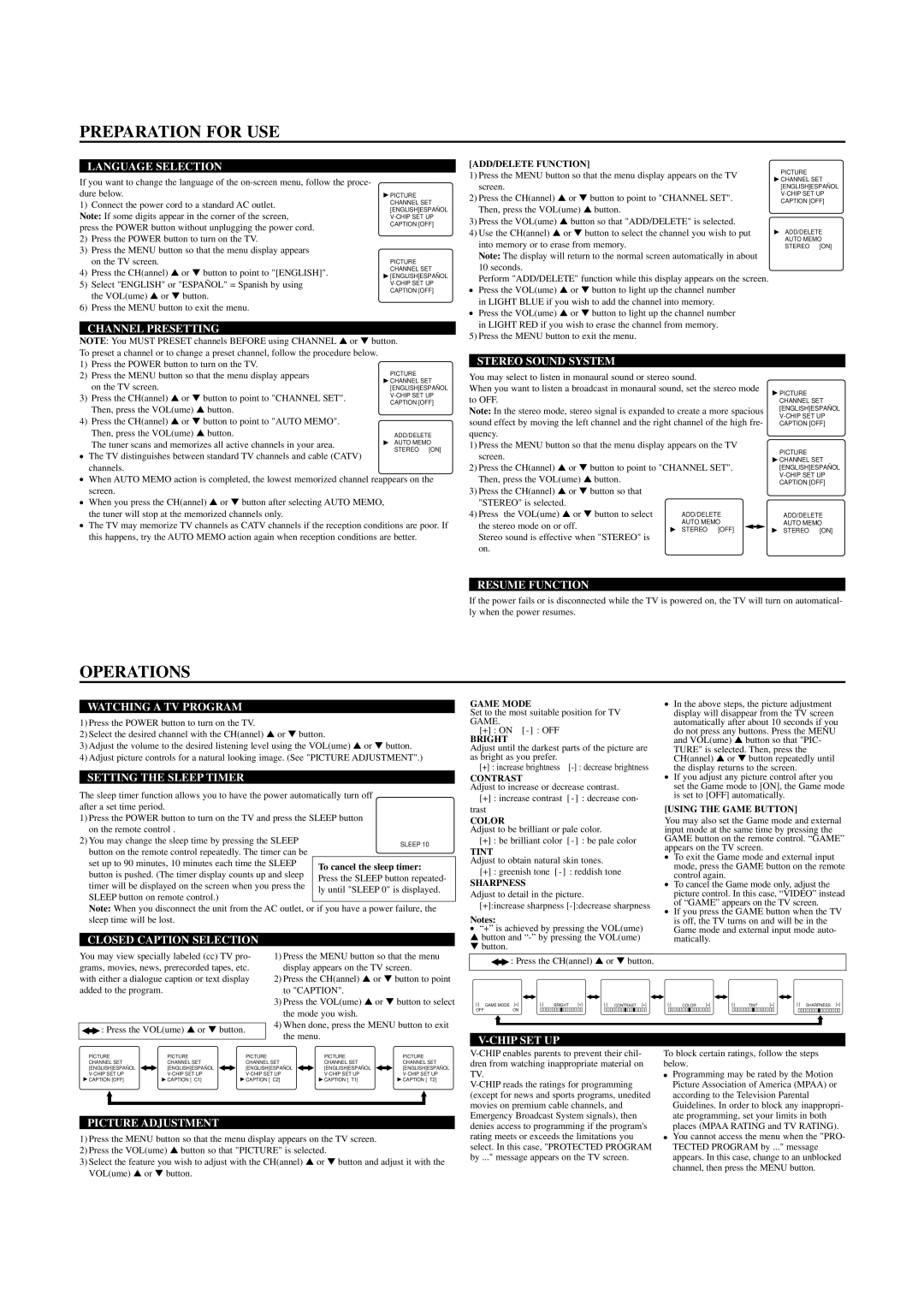 Sylvania SRT2227X owner manual Preparation for USE, Operations 