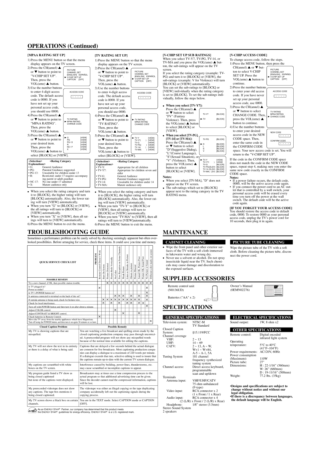 Sylvania SRT2227X owner manual Troubleshooting Guide, Maintenance, Supplied Accessories, Specifications 