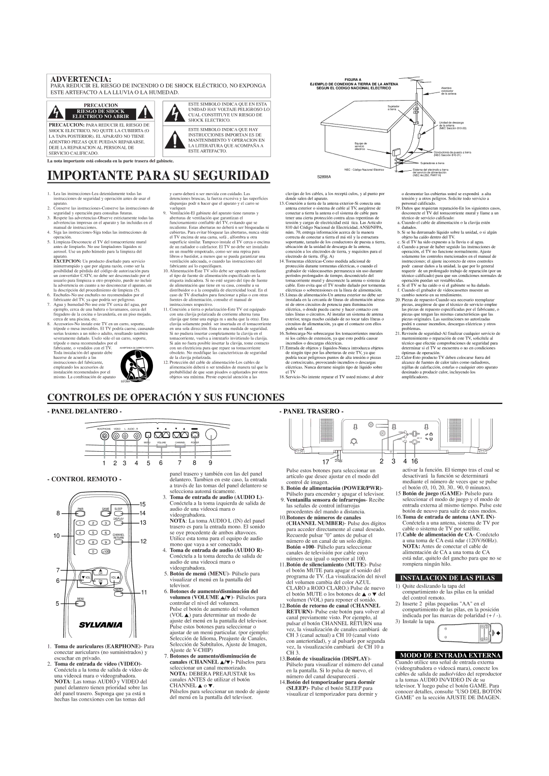 Sylvania SRT2227X owner manual Panel Trasero, Instalacion DE LAS Pilas, Modo DE Entrada Externa 