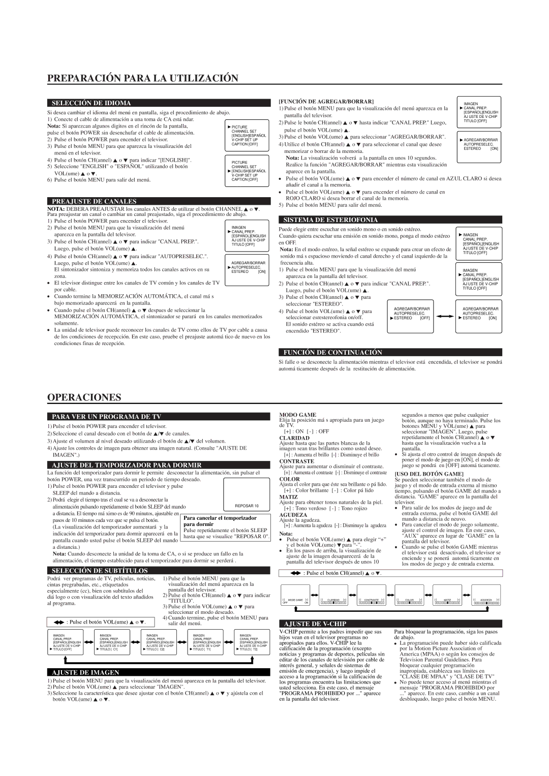 Sylvania SRT2227X owner manual Preparación Para LA Utilización, Operaciones 