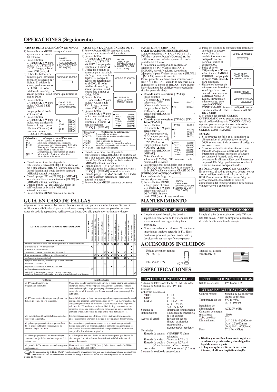 Sylvania SRT2227X owner manual Guia EN Caso DE Fallas, Mantenimiento, Accesorios Incluidos, Especificaciones 