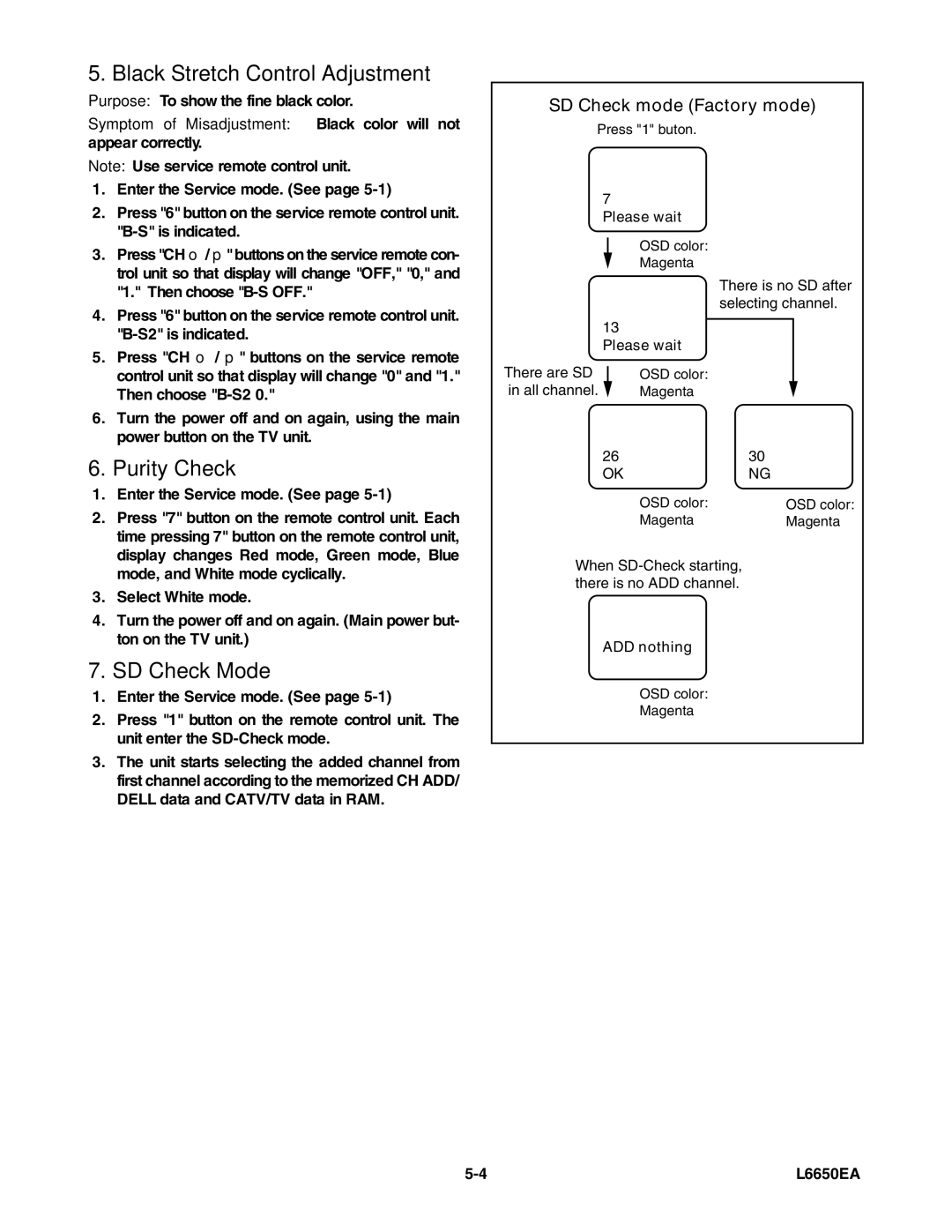 Sylvania SRT2232X service manual Black Stretch Control Adjustment, Purity Check, SD Check Mode 