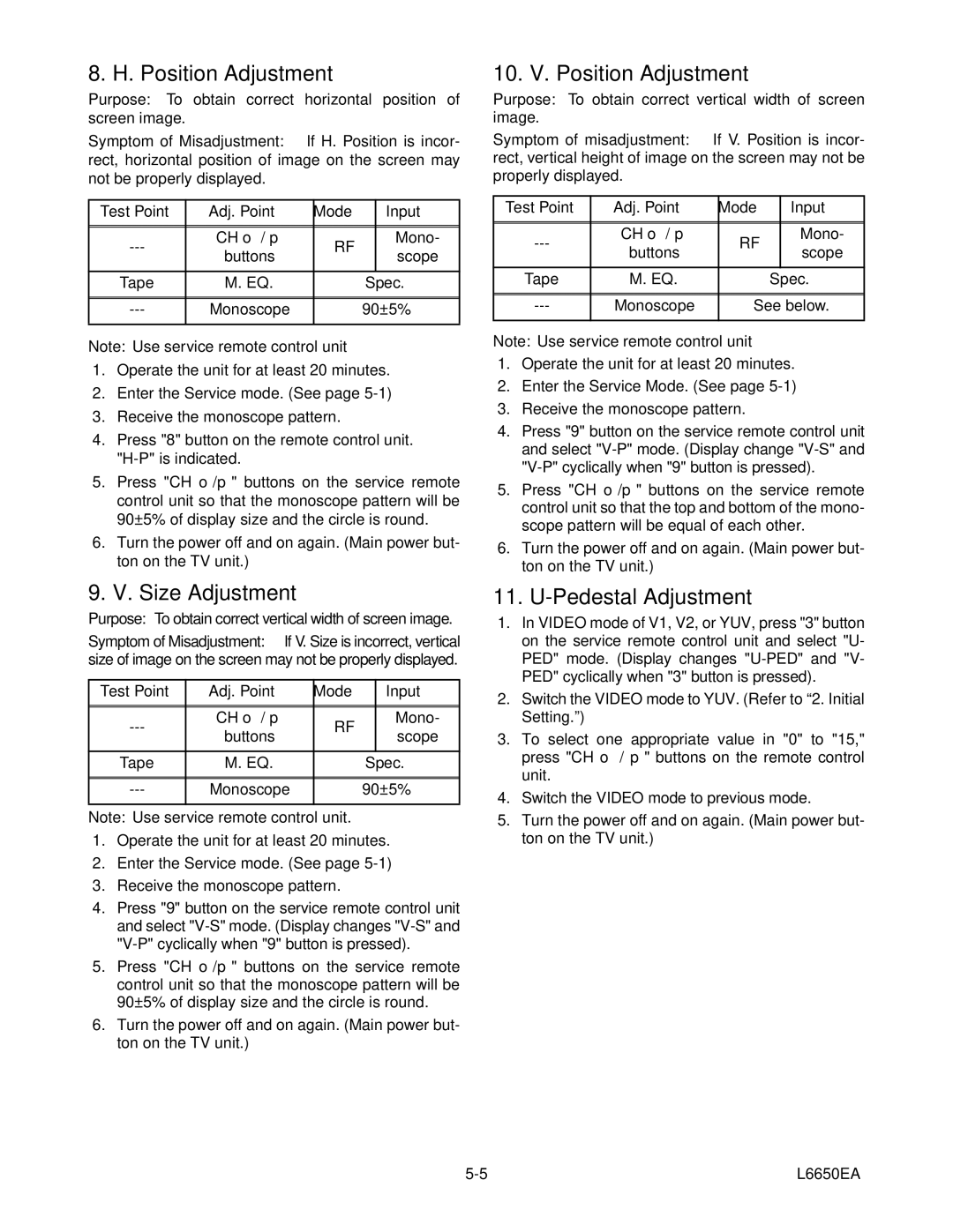 Sylvania SRT2232X service manual Size Adjustment, 10. V. Position Adjustment, Pedestal Adjustment 