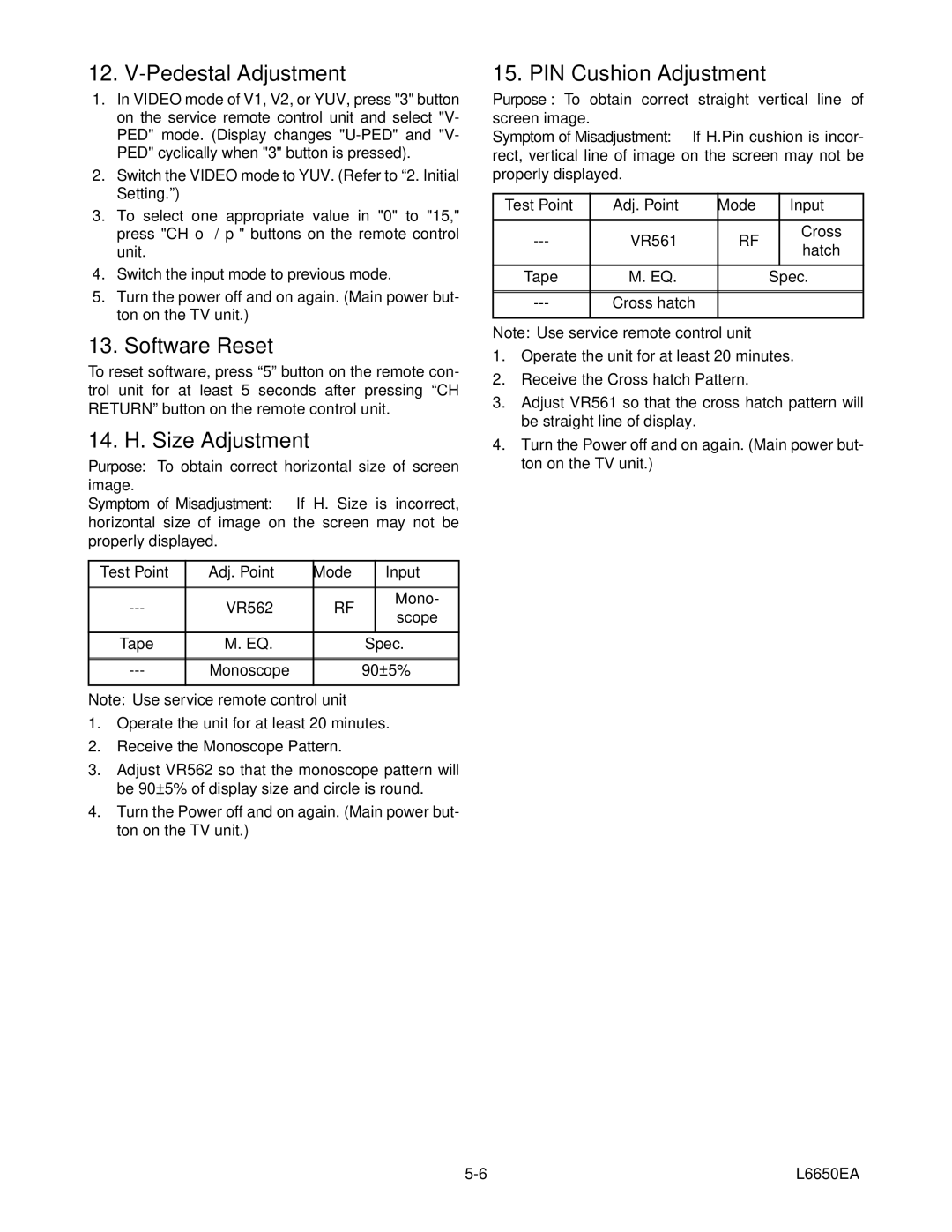 Sylvania SRT2232X service manual Software Reset, 14. H. Size Adjustment, PIN Cushion Adjustment 