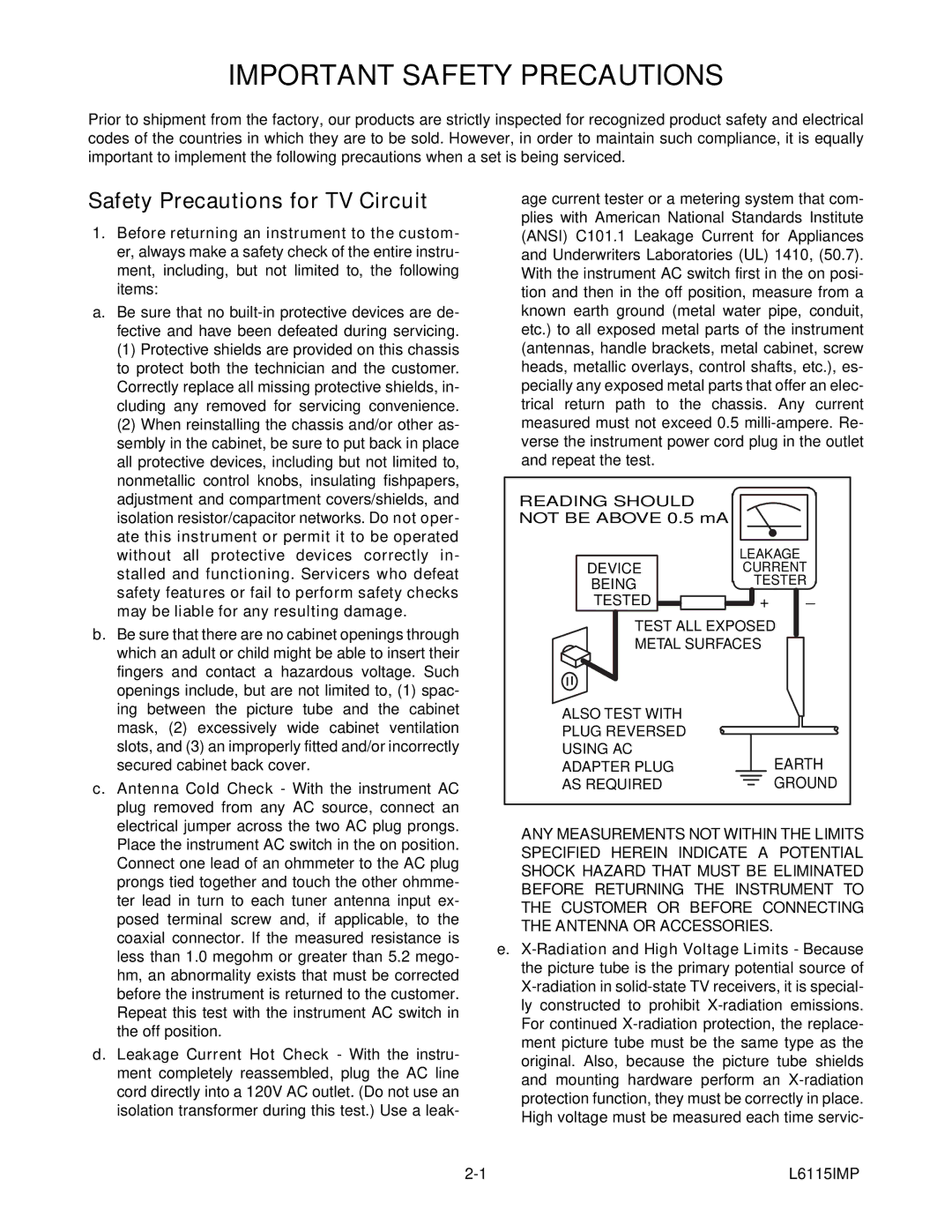 Sylvania SRT2232X Important Safety Precautions, Safety Precautions for TV Circuit, Not be Above 0.5 mA, L6115IMP 