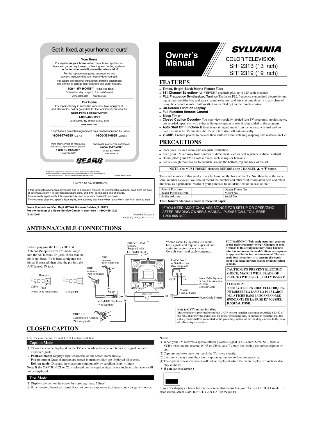 Sylvania SRT2313, SRT2319 owner manual Features, Precautions, ANTENNA/CABLE Connections, Closed Caption 