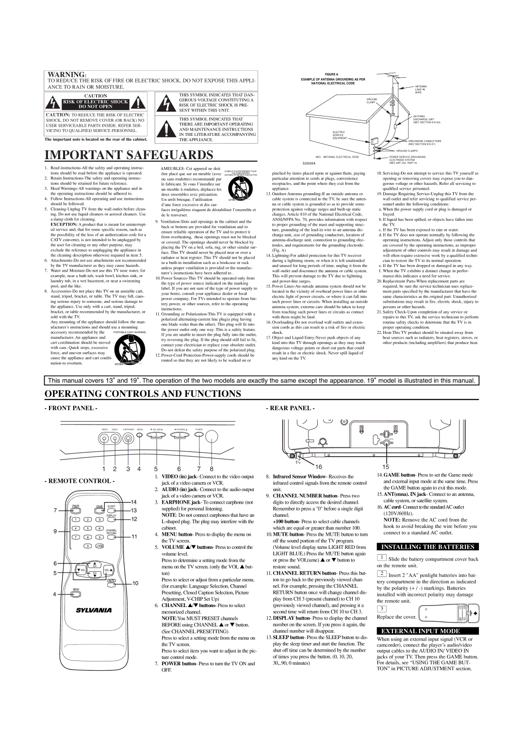 Sylvania SRT2313, SRT2319 owner manual Important Safeguards, Operating Controls and Functions, Installing the Batteries 