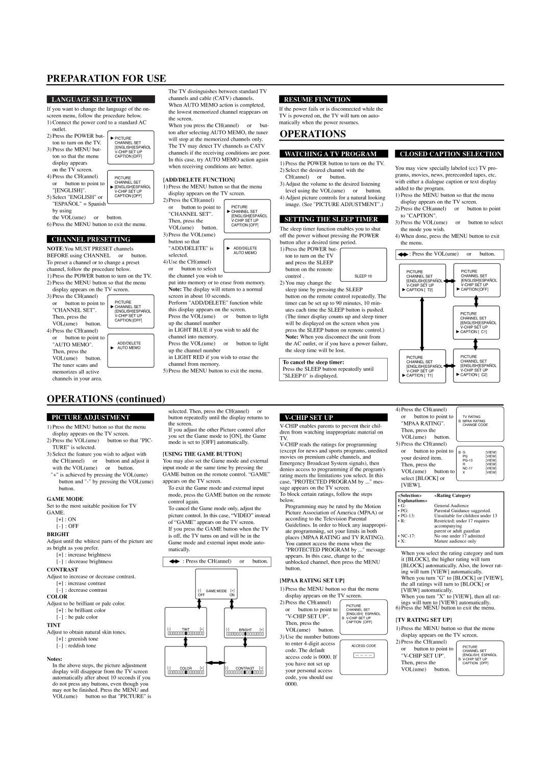 Sylvania SRT2313, SRT2319 owner manual Preparation for USE, Operations 