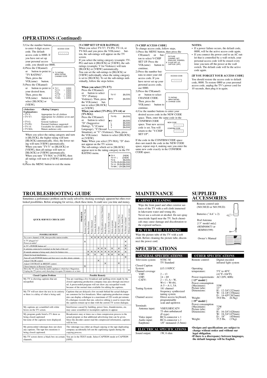 Sylvania SRT2313, SRT2319 owner manual Troubleshooting Guide, Maintenance, Supplied Accessories, Specifications 