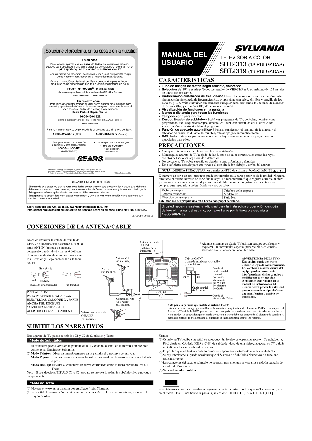 Sylvania SRT2313, SRT2319 owner manual Características, Precauciones, Conexiones DE LA ANTENA/CABLE, Subtitulos Narrativos 