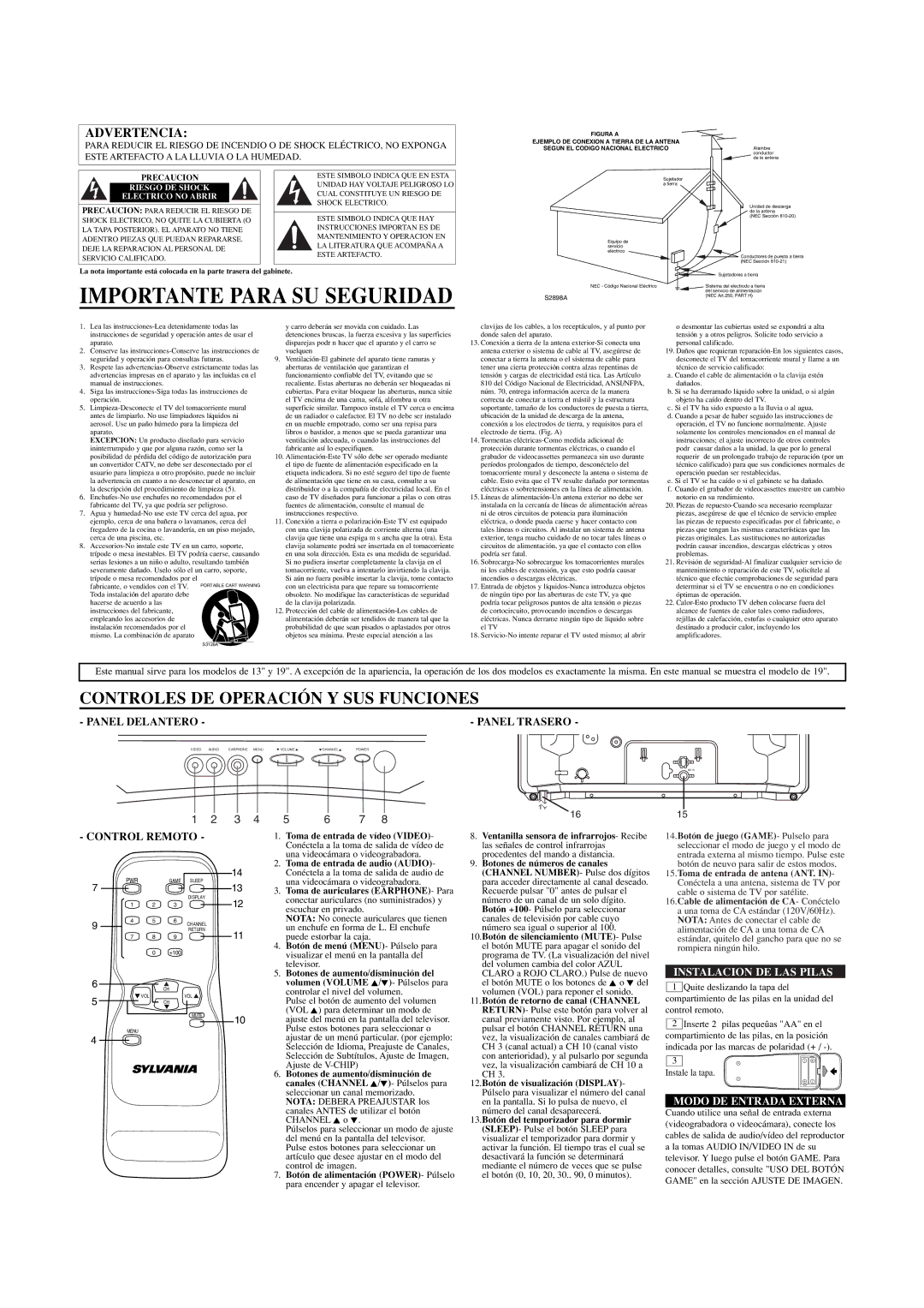 Sylvania SRT2313, SRT2319 Importante Para SU Seguridad, Panel Trasero, Control Remoto, Instalacion DE LAS Pilas 