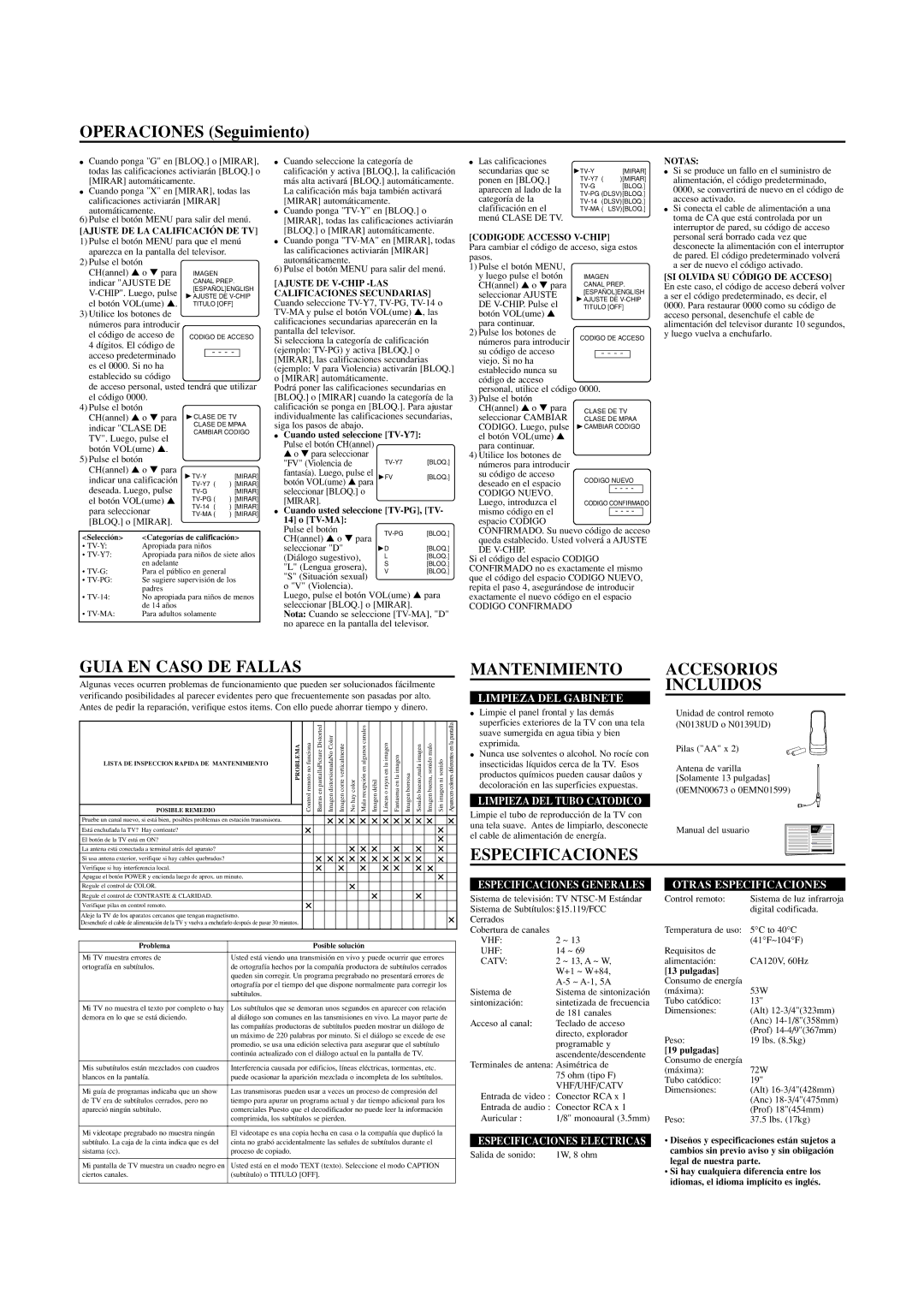 Sylvania SRT2313, SRT2319 owner manual Guia EN Caso DE Fallas, Mantenimiento Accesorios Incluidos, Especificaciones 