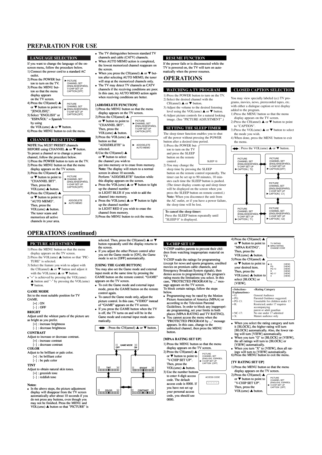 Sylvania SRT2313, SRT2319 Preparation For Use, Operations, OPERATIONS continued, Language Selection, Resume Function 