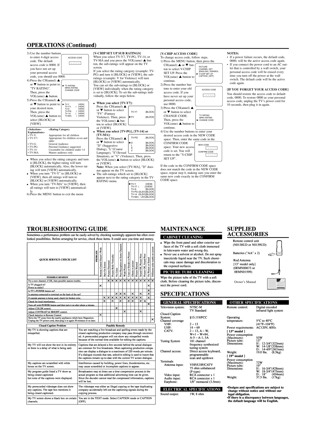 Sylvania SRT2313, SRT2319 OPERATIONS Continued, Troubleshooting Guide, Maintenance, Supplied Accessories, Specifications 