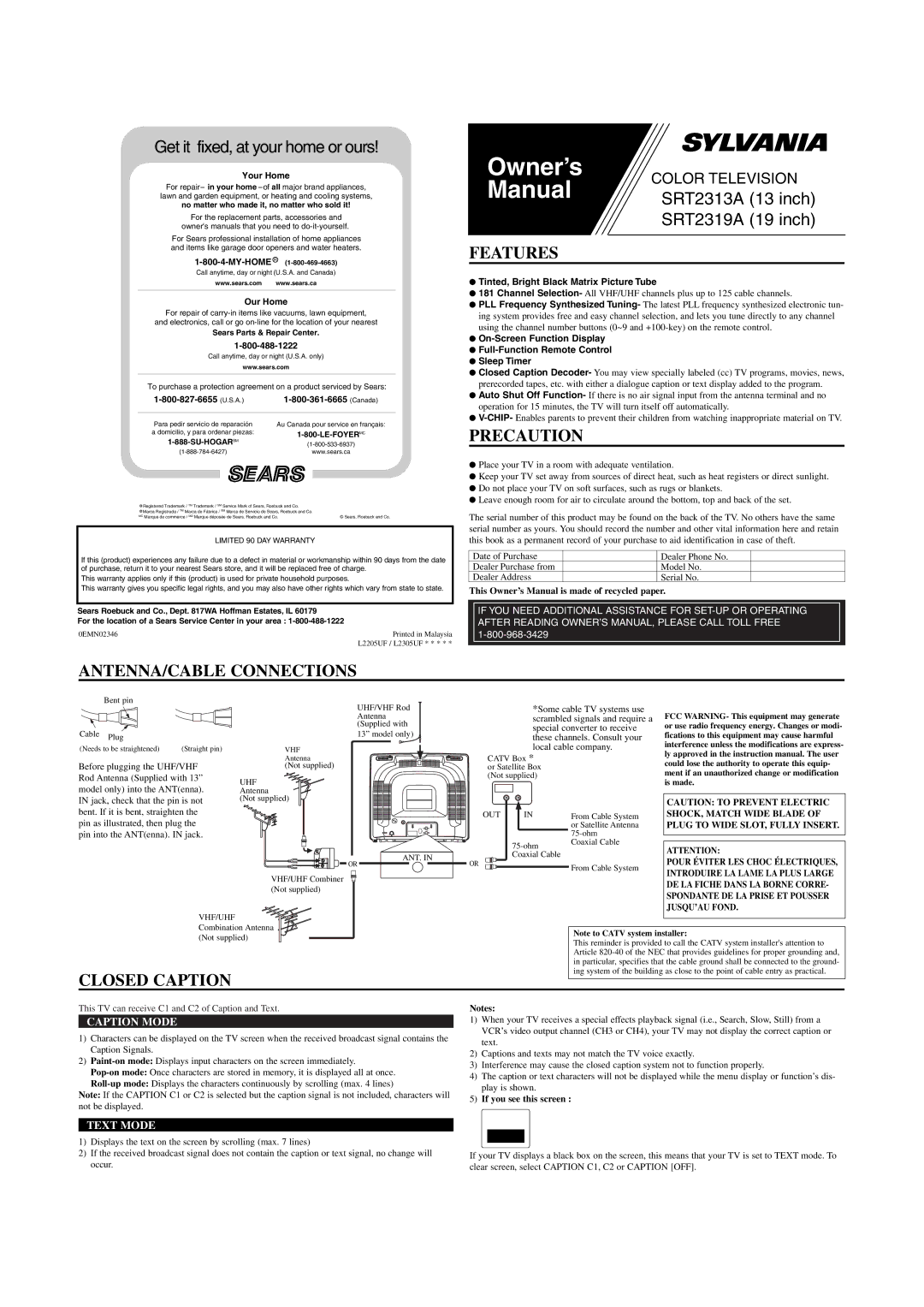 Sylvania SRT2313A, SRT2319A owner manual Features, Precaution, ANTENNA/CABLE Connections, Closed Caption 