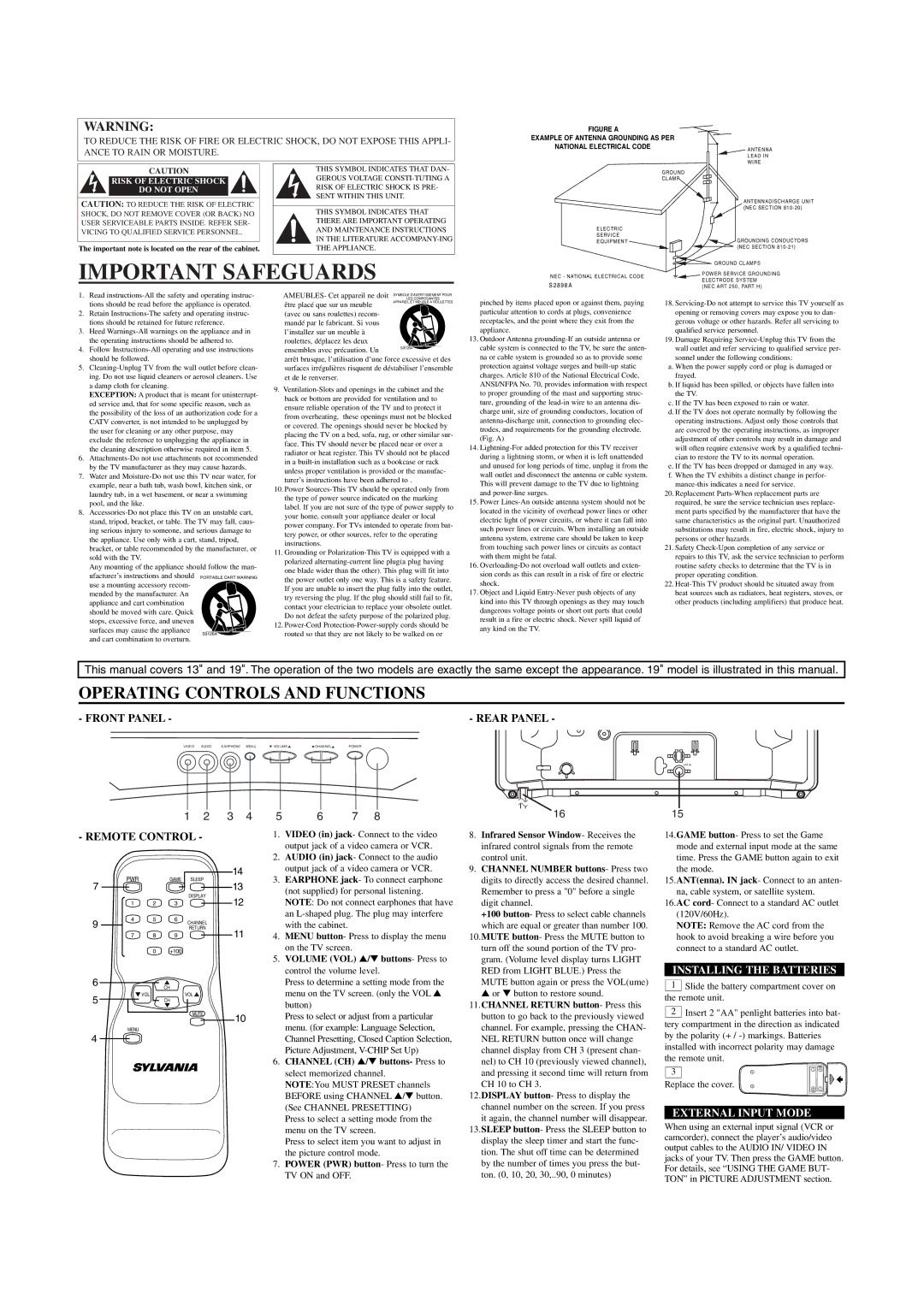 Sylvania SRT2313A, SRT2319A Operating Controls and Functions, Front Panel Rear Panel, Remote Control, External Input Mode 