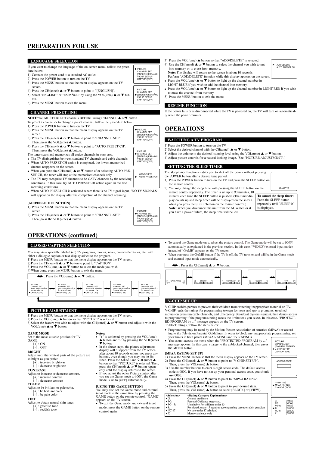 Sylvania SRT2313A, SRT2319A owner manual Preparation for USE, Operations 