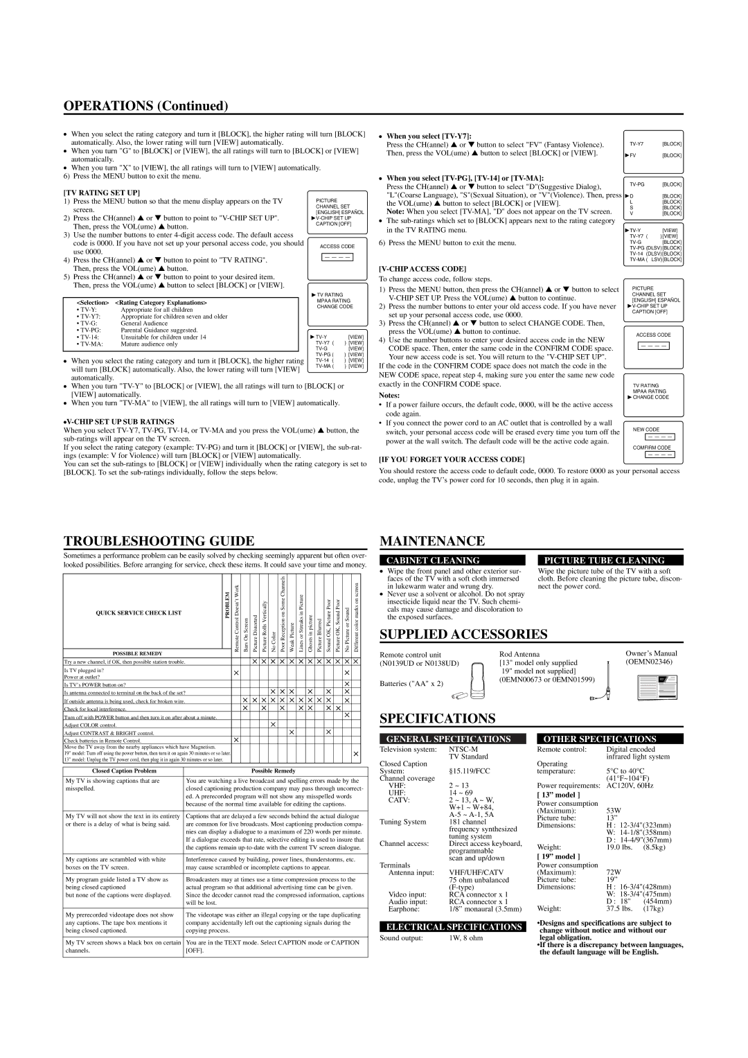 Sylvania SRT2313A, SRT2319A owner manual Troubleshooting Guide, Maintenance, Supplied Accessories, Specifications 