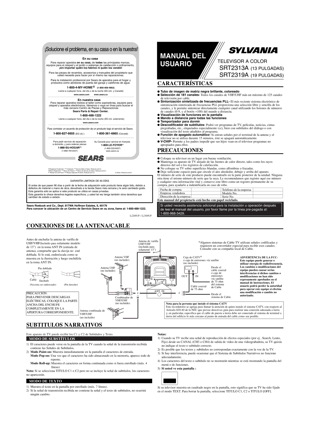 Sylvania SRT2313A, SRT2319A Características, Precauciones, Conexiones DE LA ANTENA/CABLE, Subtitulos Narrativos 