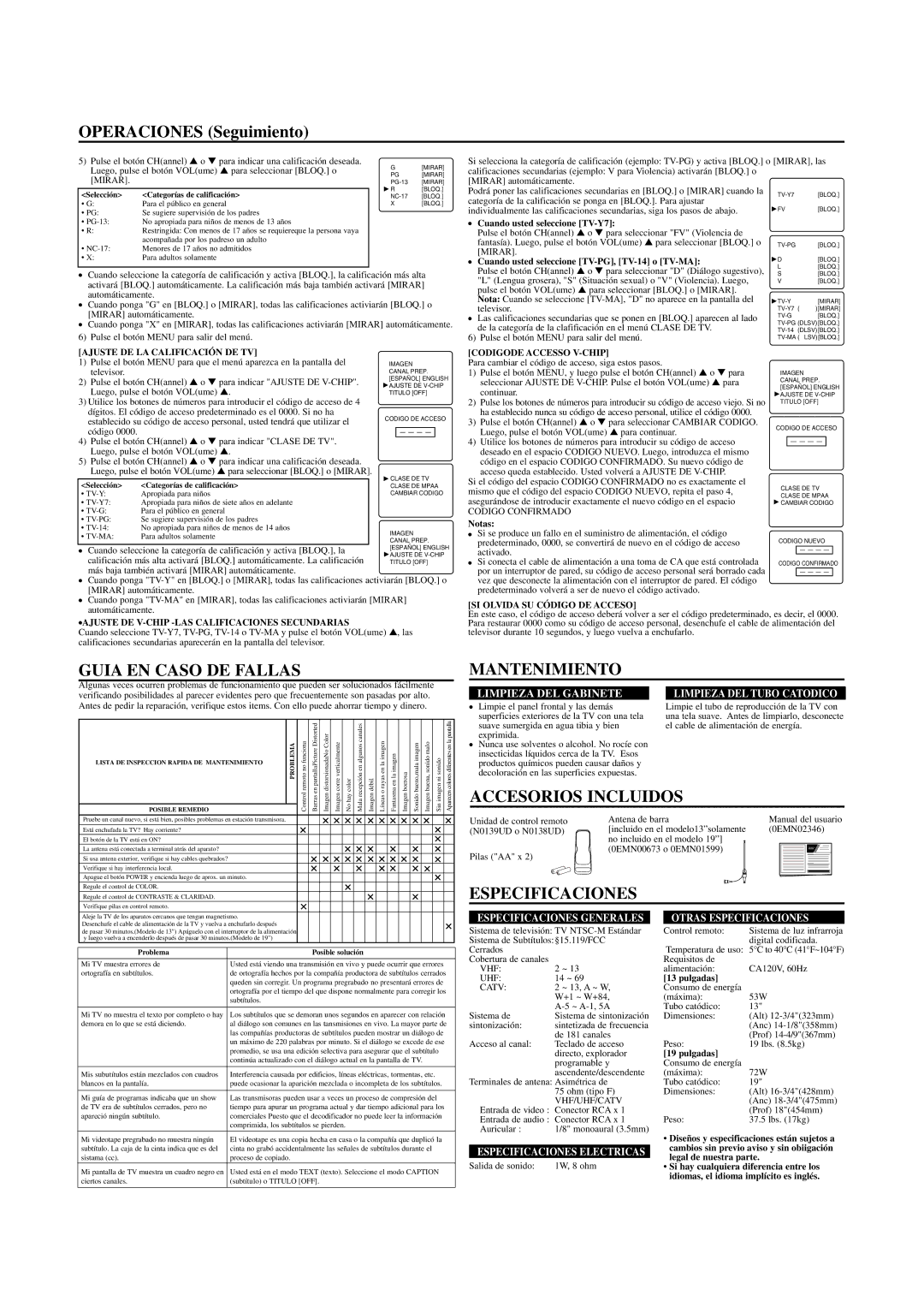 Sylvania SRT2313A, SRT2319A owner manual Guia EN Caso DE Fallas, Mantenimiento, Accesorios Incluidos, Especificaciones 