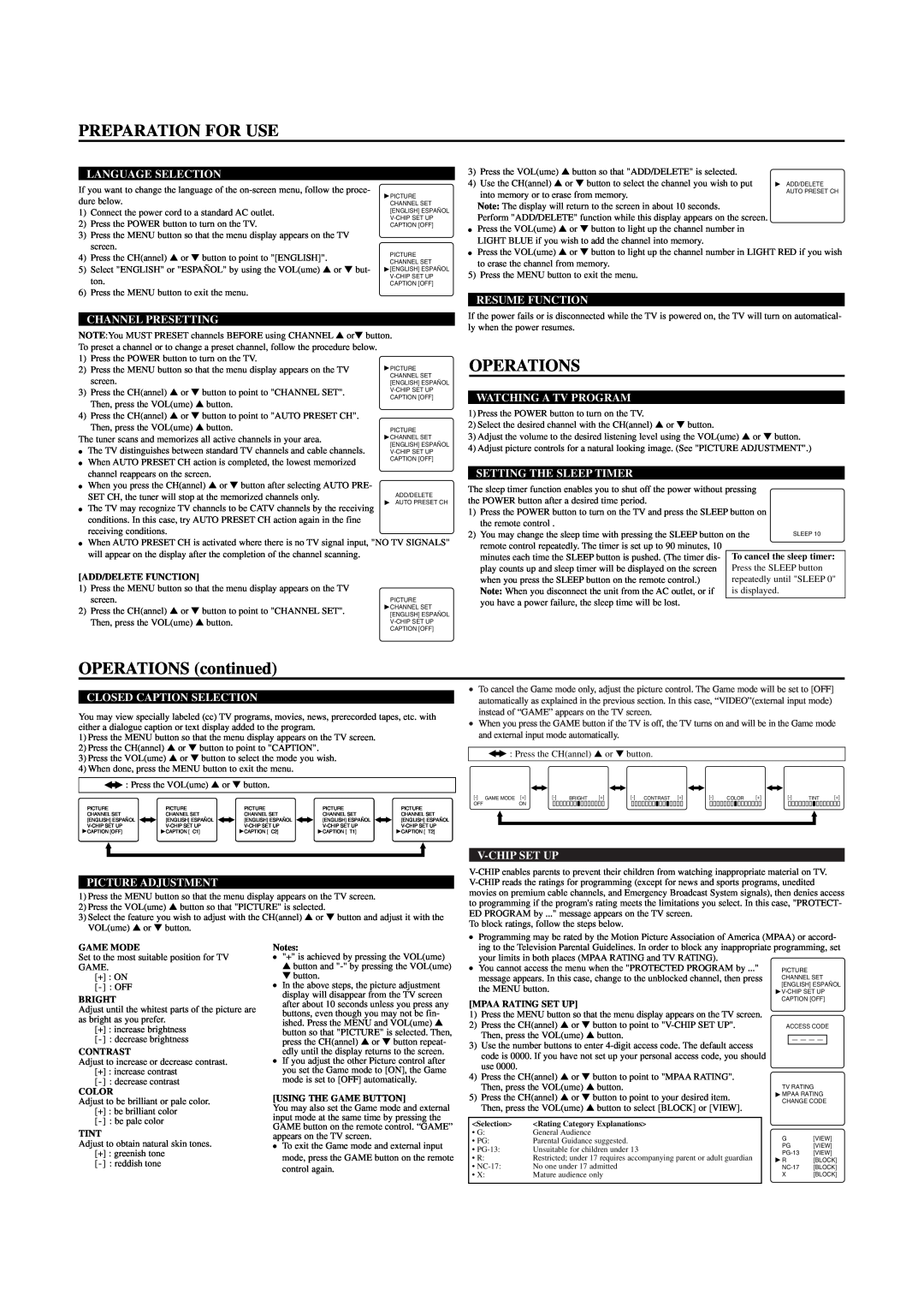 Sylvania SRT2313A, SRT2319A Preparation For Use, Operations, OPERATIONS continued, Language Selection, Resume Function 