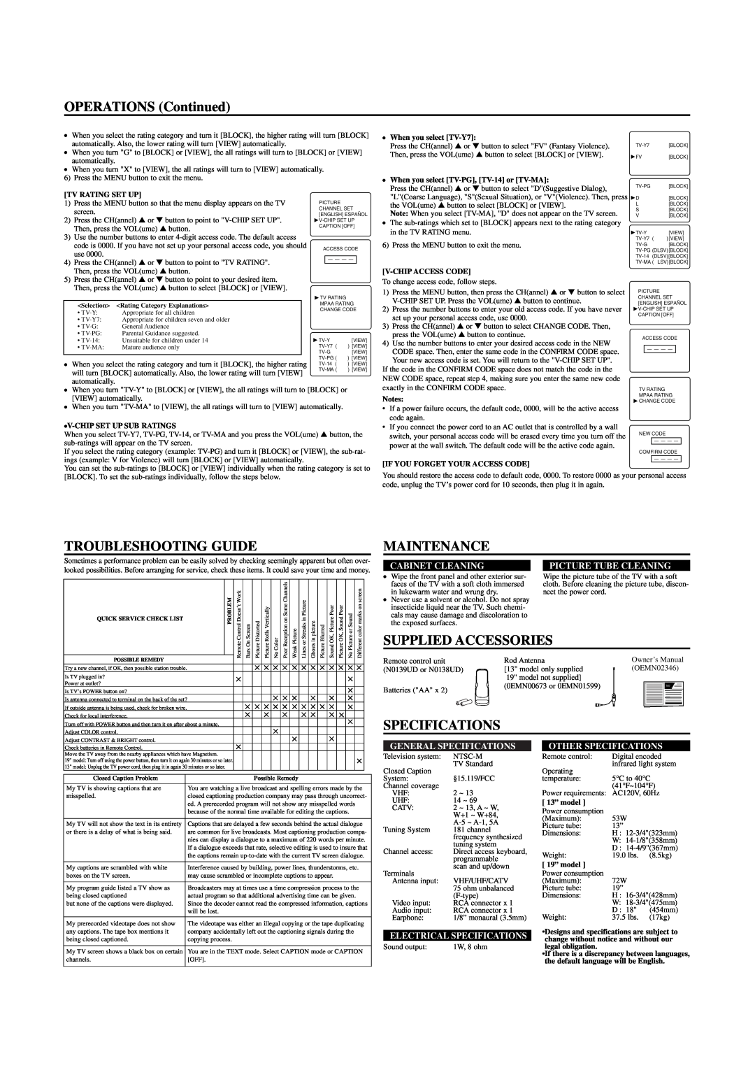 Sylvania SRT2313A, SRT2319A OPERATIONS Continued, Troubleshooting Guide, Maintenance, Supplied Accessories, Specifications 