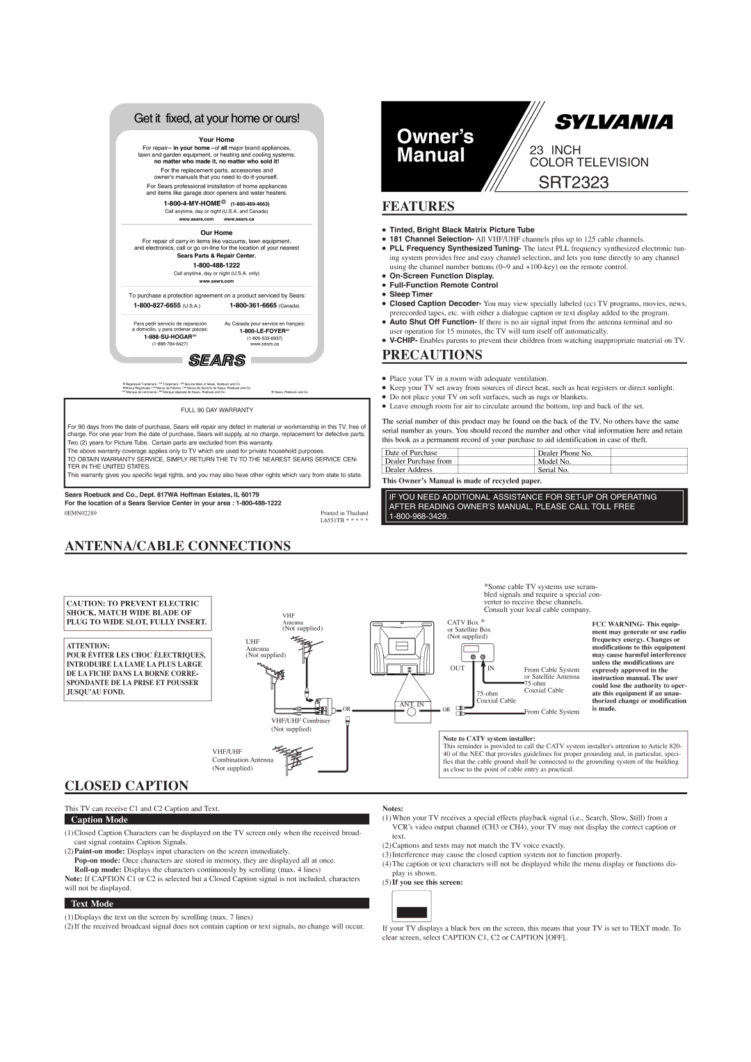 Sylvania SRT2323 owner manual Features, Precautions, ANTENNA/CABLE Connections, Closed Caption 