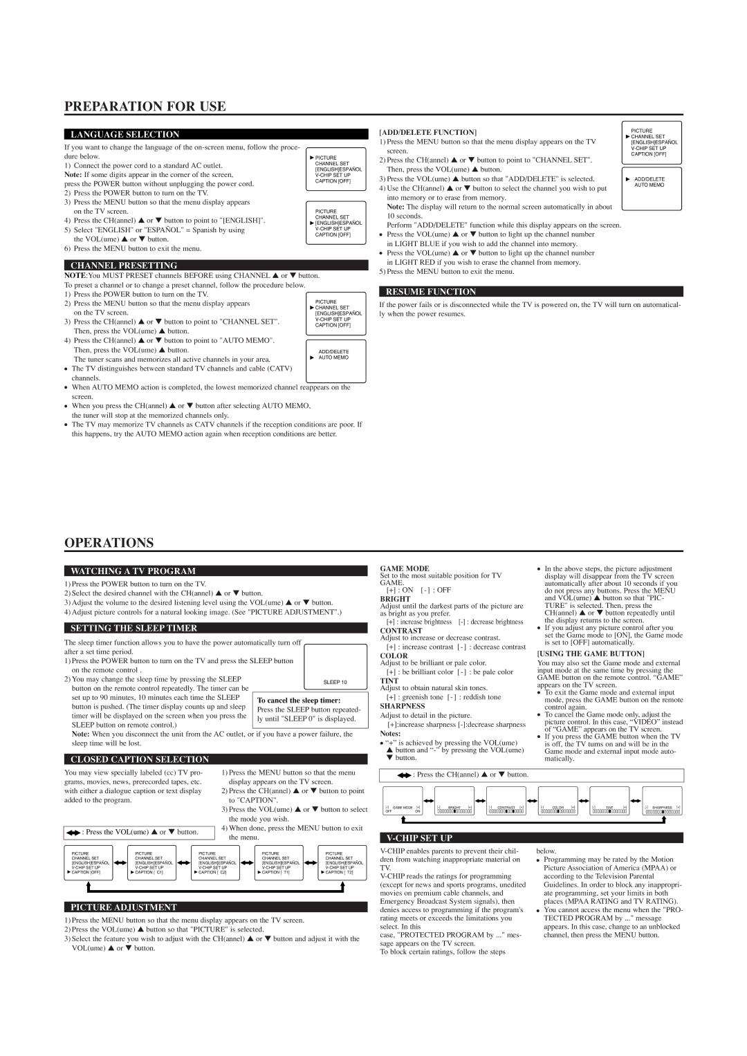 Sylvania SRT2323 owner manual Preparation for USE, Operations 