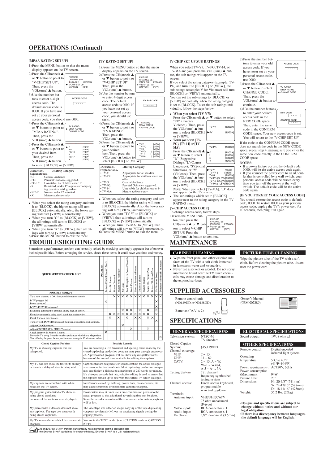 Sylvania SRT2323 owner manual Operations, Troubleshooting Guide, Maintenance, Supplied Accessories, Specifications 