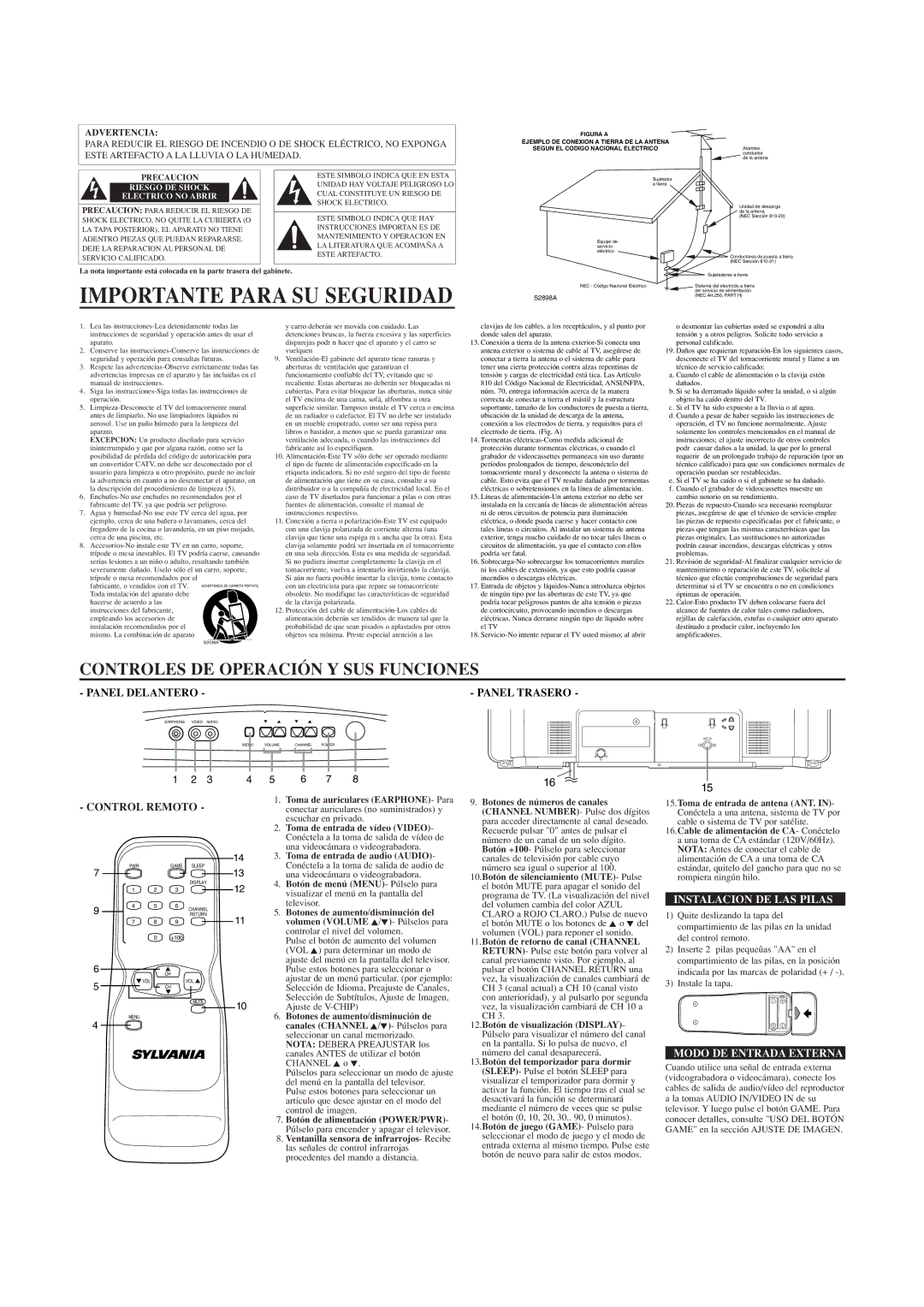 Sylvania SRT2323 Importante Para SU Seguridad, Panel Trasero, Instalacion DE LAS Pilas, Modo DE Entrada Externa 