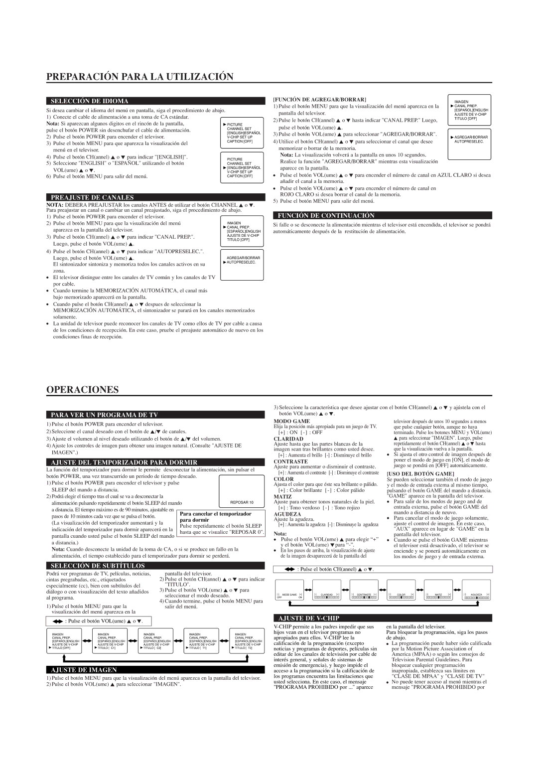 Sylvania SRT2323 owner manual Preparación Para LA Utilización, Operaciones 