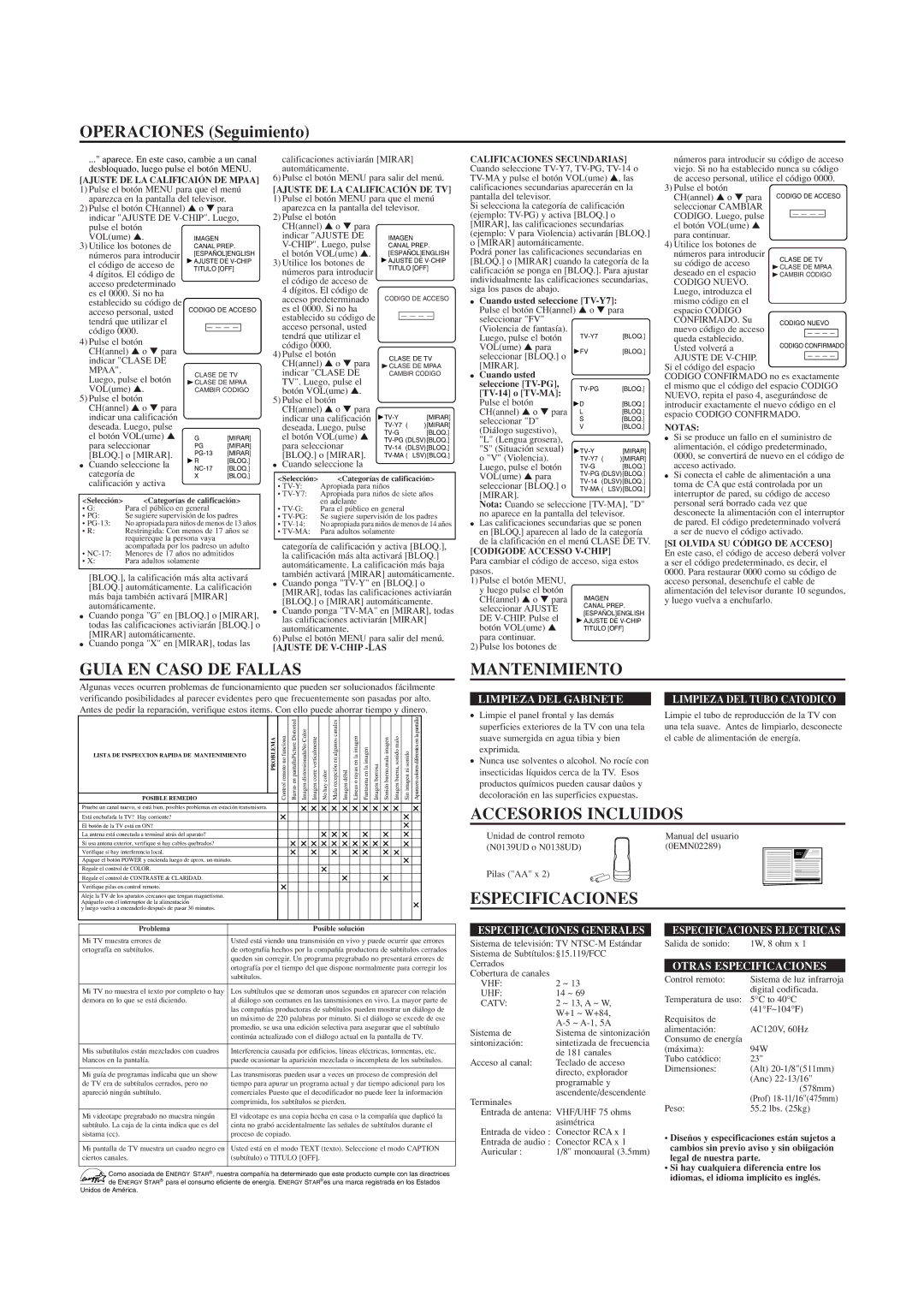 Sylvania SRT2323 Operaciones Seguimiento, Guia EN Caso DE Fallas, Mantenimiento, Accesorios Incluidos, Especificaciones 