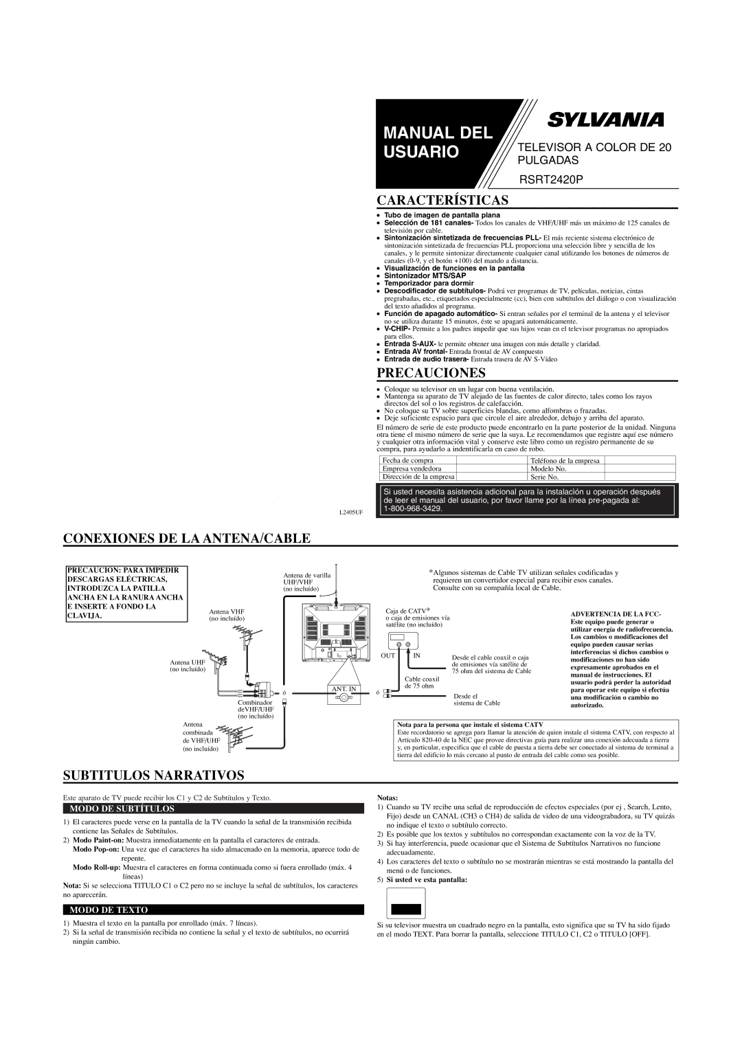 Sylvania SRT2420P owner manual Características, Precauciones, Conexiones DE LA ANTENA/CABLE, Subtitulos Narrativos 