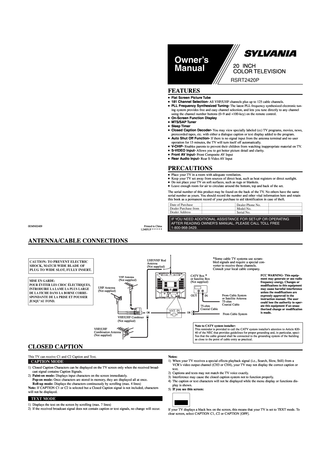 Sylvania owner manual RSRT2420P, Features, Precautions, Antenna/Cable Connections, Closed Caption, Inch, Caption Mode 