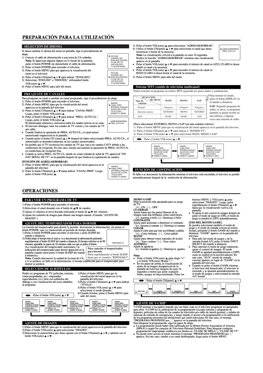 Sylvania SRT2420P owner manual Preparación Para La Utilización, Operaciones, Selección De Idioma, Preajuste De Canales 