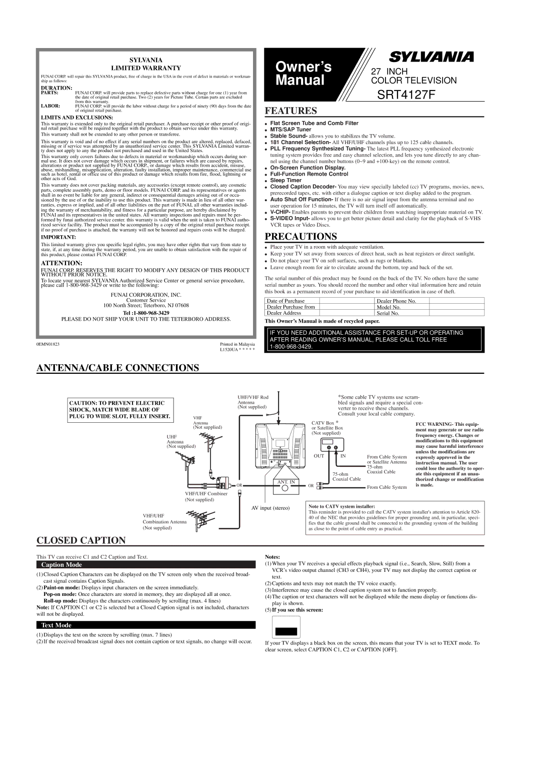 Sylvania SRT4127F owner manual Features, Precautions, ANTENNA/CABLE Connections, Closed Caption, Sylvania Limited Warranty 