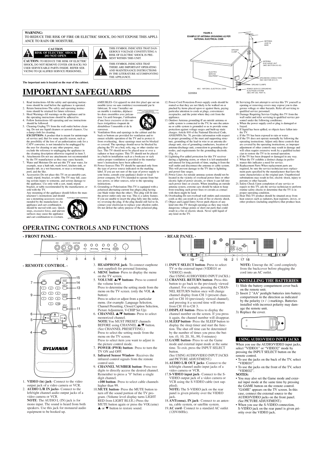 Sylvania SRT4127F owner manual Important Safeguards, Rear Panel, Remote Control, Installing the Batteries 