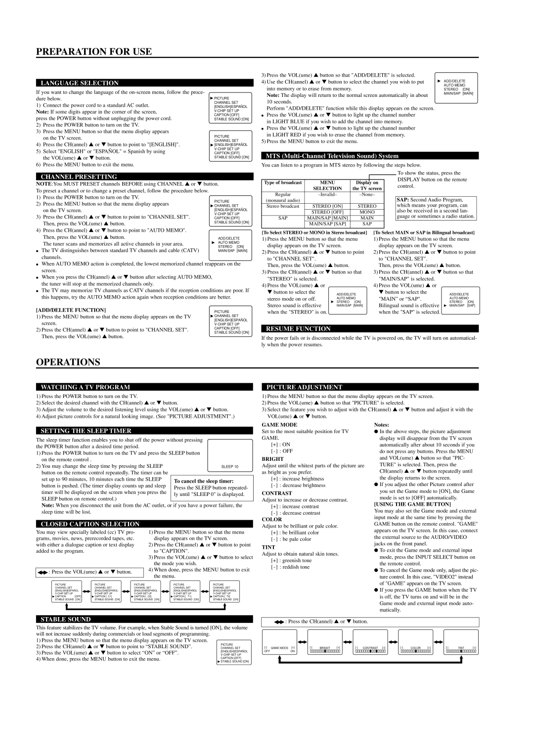 Sylvania SRT4127F owner manual Preparation for USE, Operations 