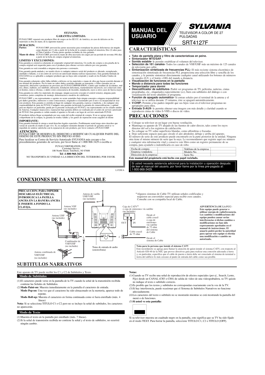 Sylvania SRT4127F Características, Precauciones, Conexiones DE LA ANTENA/CABLE, Subtitulos Narrativos, Atencion 